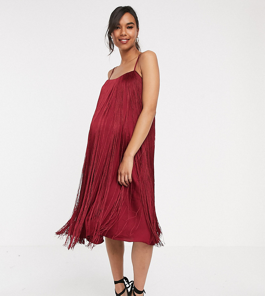 ASOS DESIGN Maternity fringe trapeze midi dress-Red