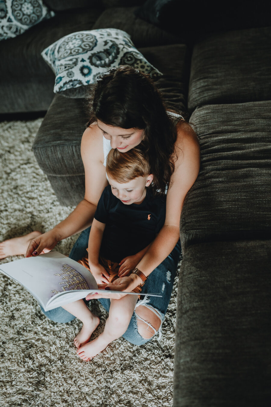 Mom reading to son | In-home family session by Five Pence Photography | Nashville Baby Guide